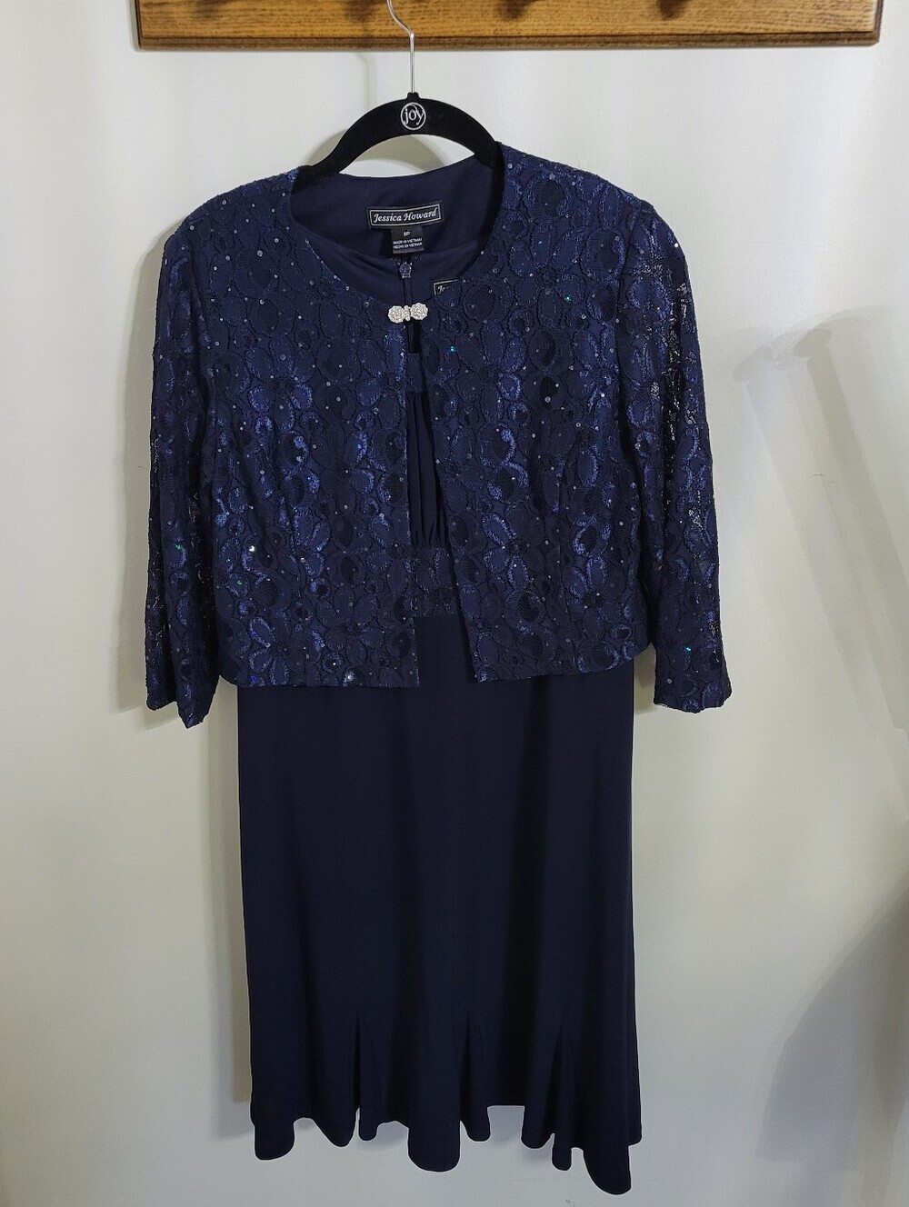 Jessica Howard Navy Sequin & Lace Jacket Mother's Wedding Formal Dress, Size 8P
